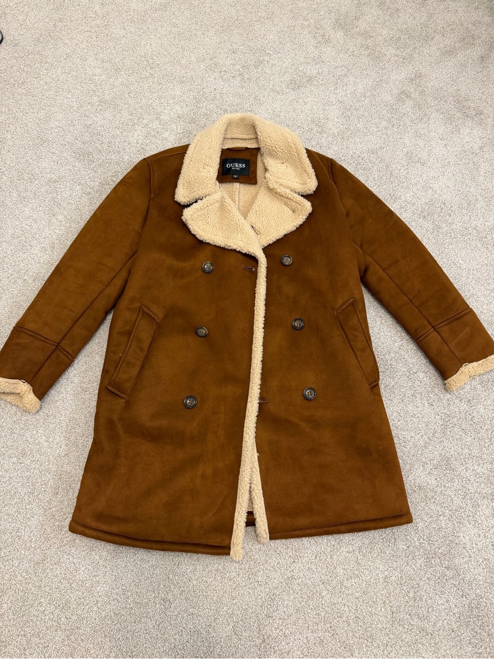 GUESS Brown Trench Coat with Cream Sherpa Trim
